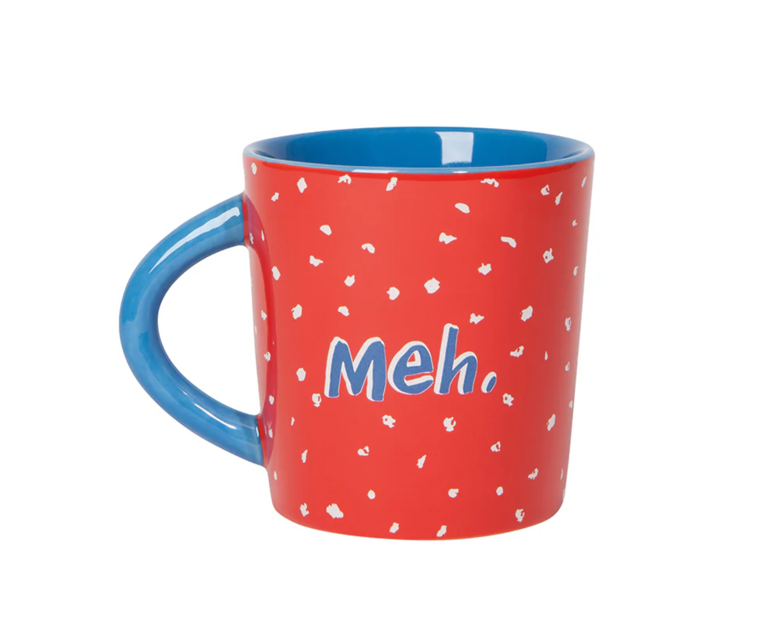 Red mug with blue handle and 'Meh.' text on a white background